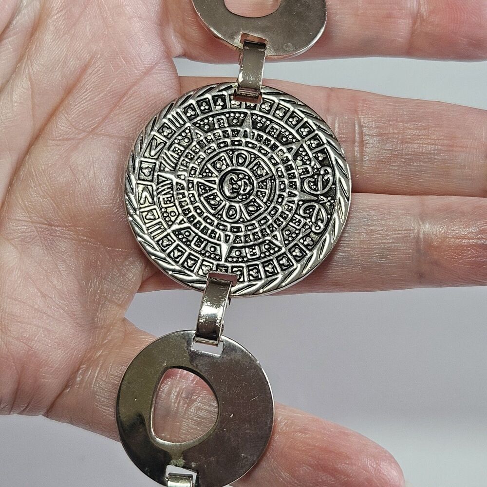 Mexico 925 Sterling Silver Aztec Mayan Calendar Link Bracelet 7"